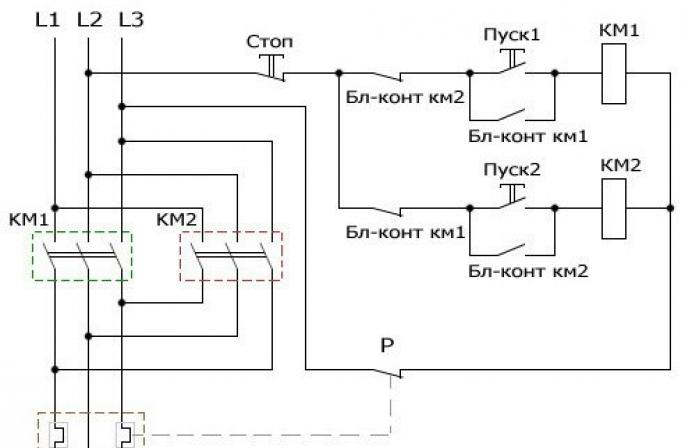 Schéma de circuit inverseur avec description des raccordements Schéma de raccordement d'un moteur réversible à deux moteurs